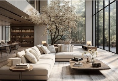 Double-height living room with a cream sectional sofa and blossoming tree by tall windows