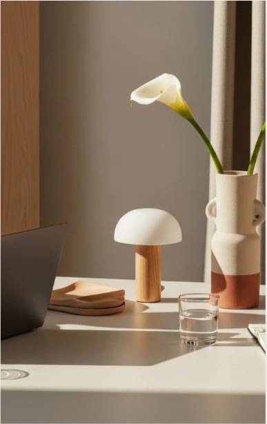 Warm desk corner with calla lilies, a mushroom lamp and a glass of water in soft sunlight