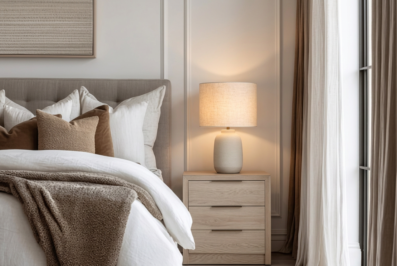 Neutral bedroom with linen bedding, oak nightstand and a warm-lit ceramic table lamp