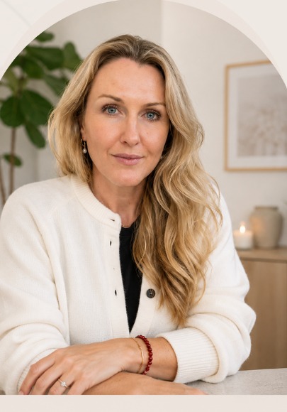Zoe Mason in a cream cardigan seated at a table in a calm, neutral room