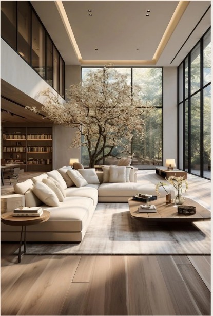 Light-filled open living space with a large cream sofa, timber floors and full-height glazing