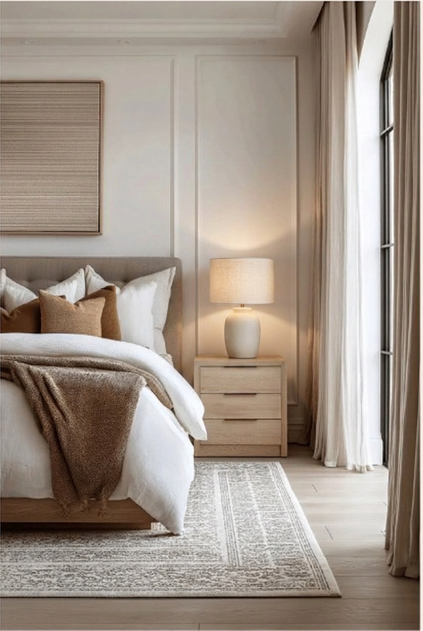 Calm bedroom with white bedding, a woven headboard and a warm-lit ceramic bedside lamp