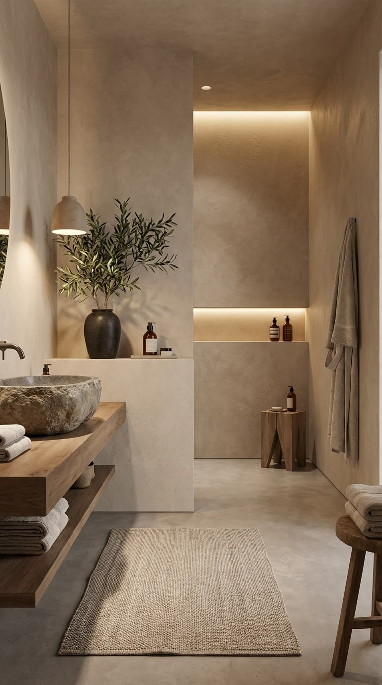 Serene plaster bathroom with a stone basin, olive branches and warm ambient lighting